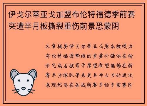 伊戈尔蒂亚戈加盟布伦特福德季前赛突遭半月板撕裂重伤前景恐蒙阴 伊戈尔蒂亚戈加盟布伦特福德季前赛突遭半月板撕裂重伤前景恐蒙阴